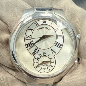 Philip Stein Silver Back Watch with Tan Strap